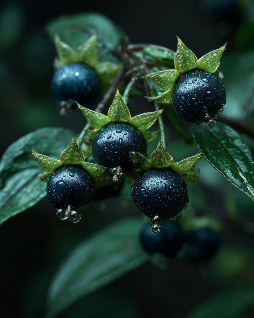 Close-up of Atropa belladonna berries, glossy black fruits cupped in star-shaped green calyces with dewdrops, on a dark background