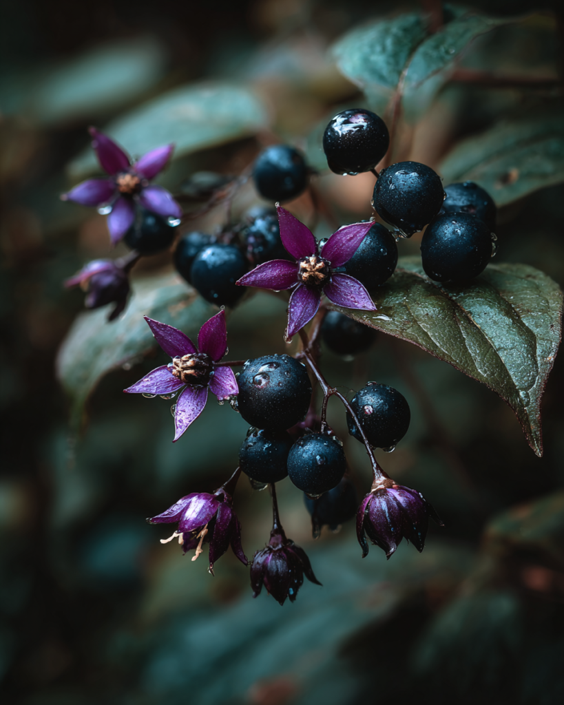 Clusters of glossy jet-black Atropa belladonna berries cupped in star-shaped green calyces on dark stems with dewdrops