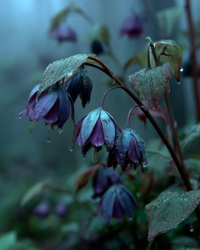 Atropa belladonna growing wild in a dark hedgerow at dusk, drooping purple-brown bell flowers among large soft leaves with moonlight and fog