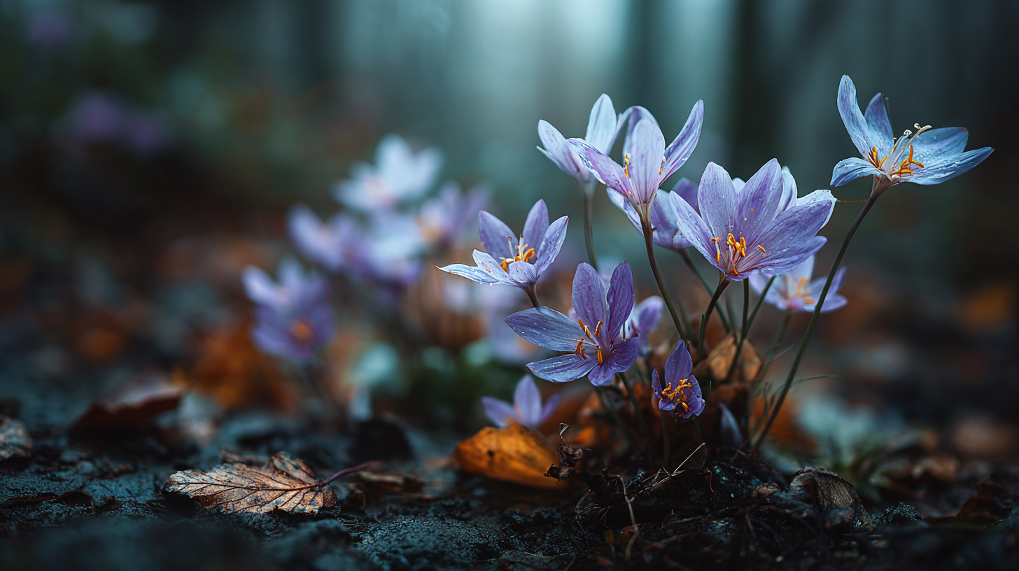 Pale lilac Colchicum autumnale autumn crocus flowers emerging from bare dark soil with no leaves, a cluster of delicate blooms at ground level with fallen autumn leaves behind