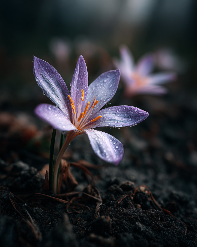Single Colchicum autumnale autumn crocus flower emerging from bare dark soil on a slender pale tube, pale lilac petals with dewdrops and no foliage