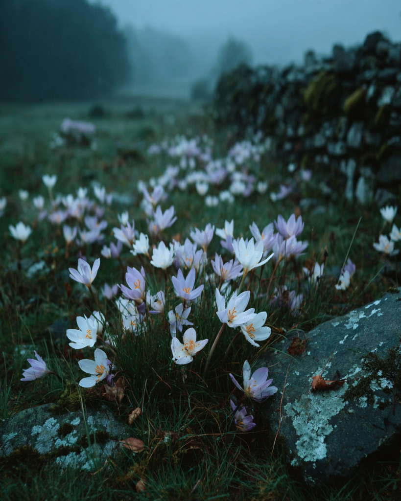 Clusters of pale lilac Colchicum autumnale autumn crocus flowers blooming across a dark meadow at dusk with no leaves, mist rising from the ground and an ancient stone wall behind