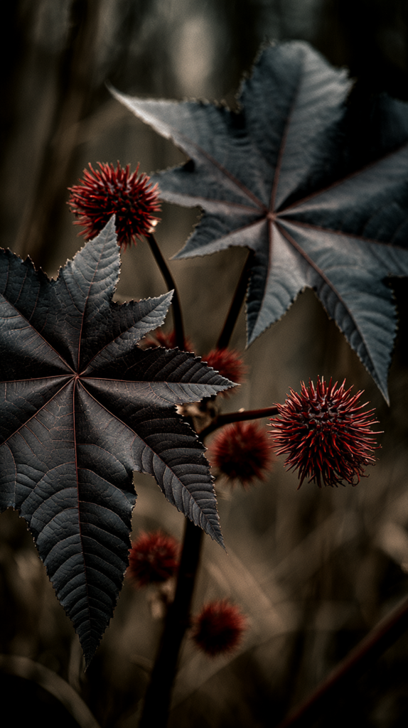 Two dark castor bean leaves surrounded by several red spined seed pods at different stages of development