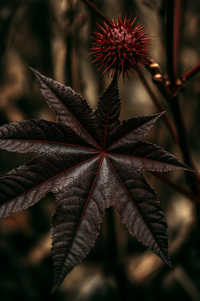 A single deep red spined castor bean seed pod above a dark star-shaped leaf with visible vein detail