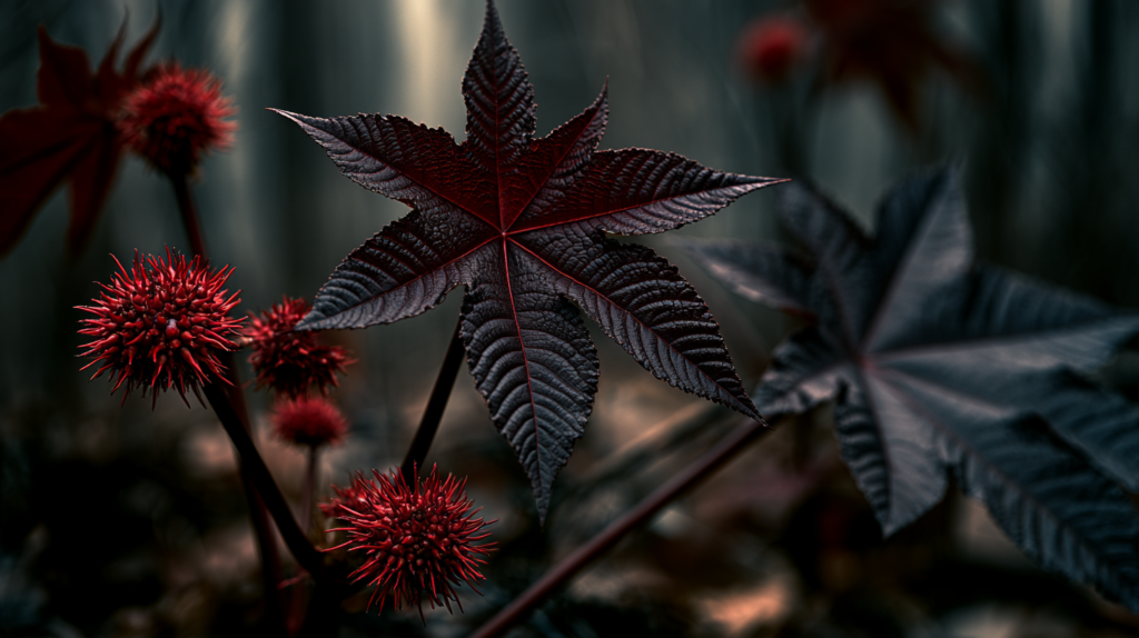 Castor bean plant with a deep burgundy star-shaped leaf and clusters of red spined seed pods in a foggy garden
