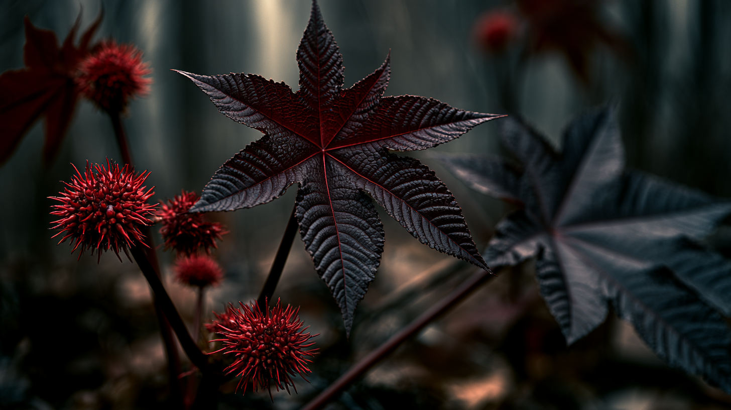 Castor bean plant with a deep burgundy star-shaped leaf and clusters of red spined seed pods in a foggy garden