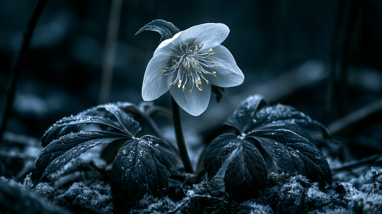 A single white Christmas rose flower blooming above frosted dark green leaves in winter