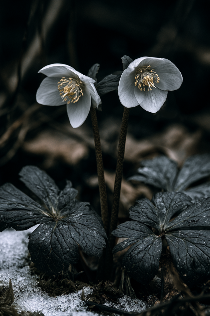 Two Christmas rose flowers blooming side by side above dark leaves in patches of snow