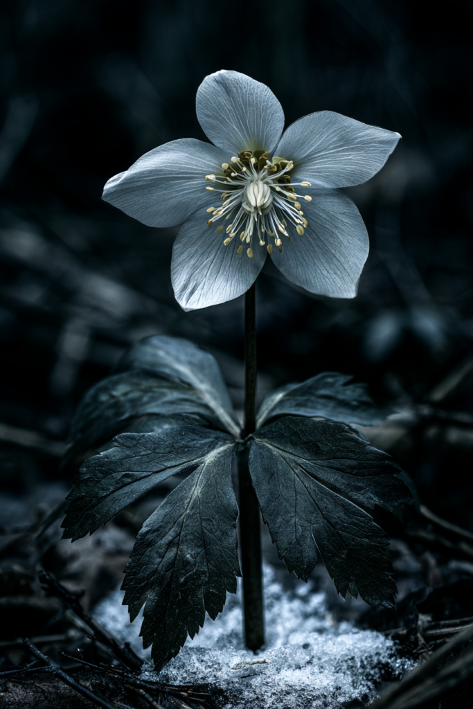A single Christmas rose flower on its stem rising from snow above dark divided leaves