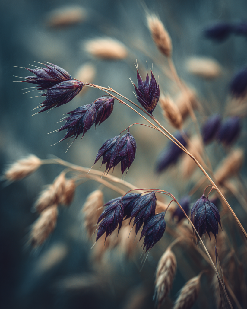 Rye grass seed heads infected with Claviceps purpurea ergot, dark purple-black elongated ergot bodies replacing the grain in an autumn field