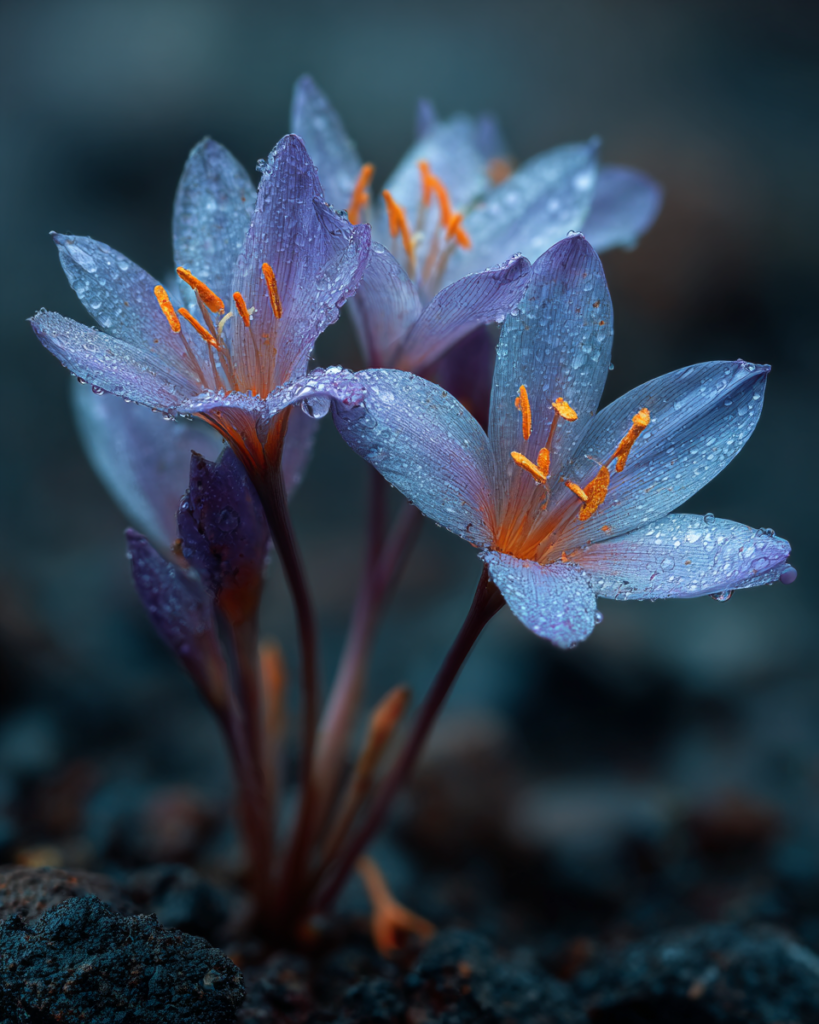Pale lilac Colchicum autumnale autumn crocus flowers emerging directly from bare dark soil with no leaves, orange stamens visible and dewdrops on the petals