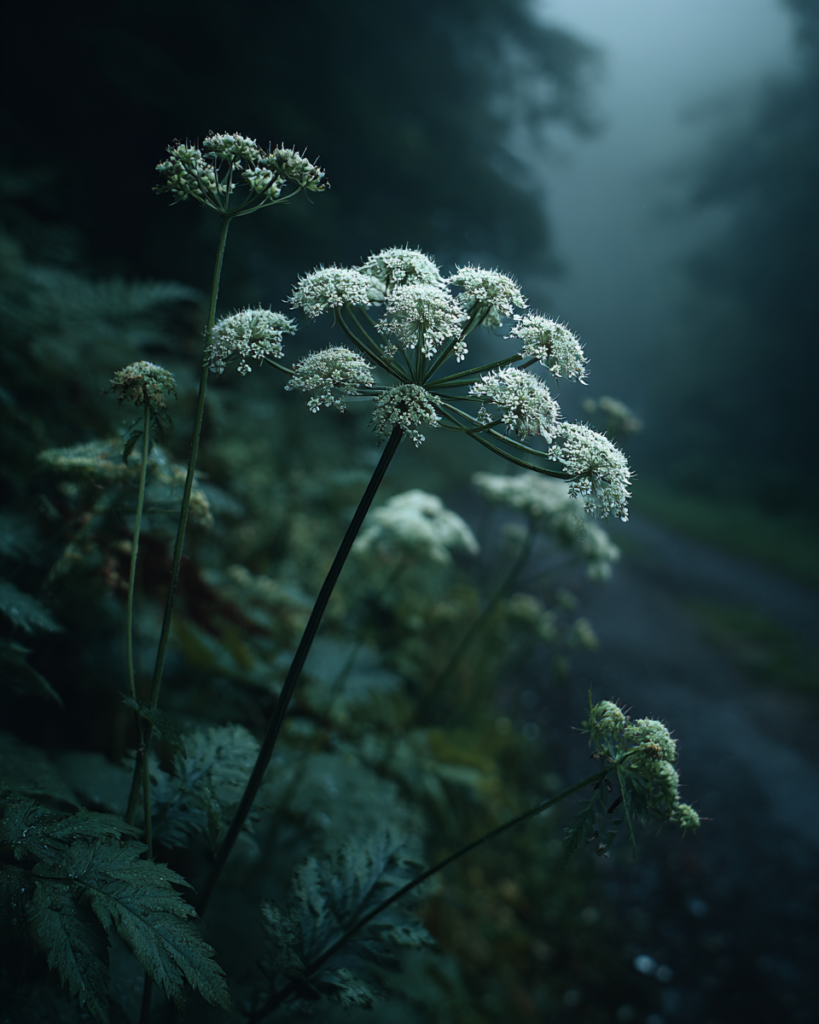 Conium maculatum hemlock stem with distinctive purple-red mottled spotting and flat white umbel flower clusters at the edge of a dark ditch