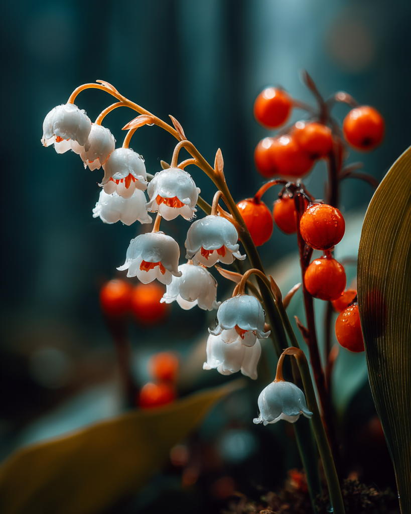 Convallaria majalis lily of the valley with a row of small nodding white bell flowers on an arching stem and bright orange-red berries beside it in dappled woodland light