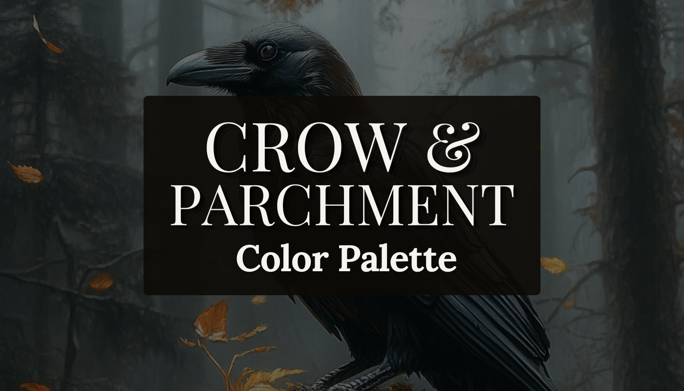 A large black crow perched on a branch in a misty autumn forest with orange leaves falling against grey fog and dark tree trunks