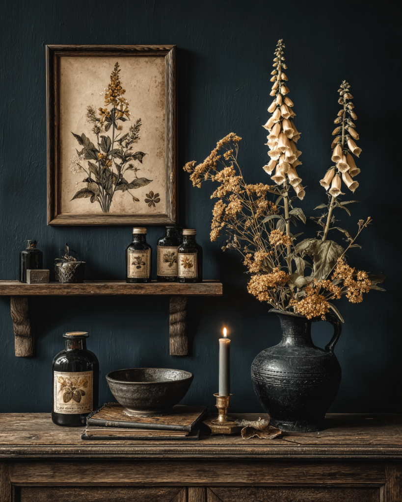 Dark cottagecore interior with framed foxglove botanical print on a navy wall, apothecary bottles, dried poisonous plants in a dark vase, and candlelight