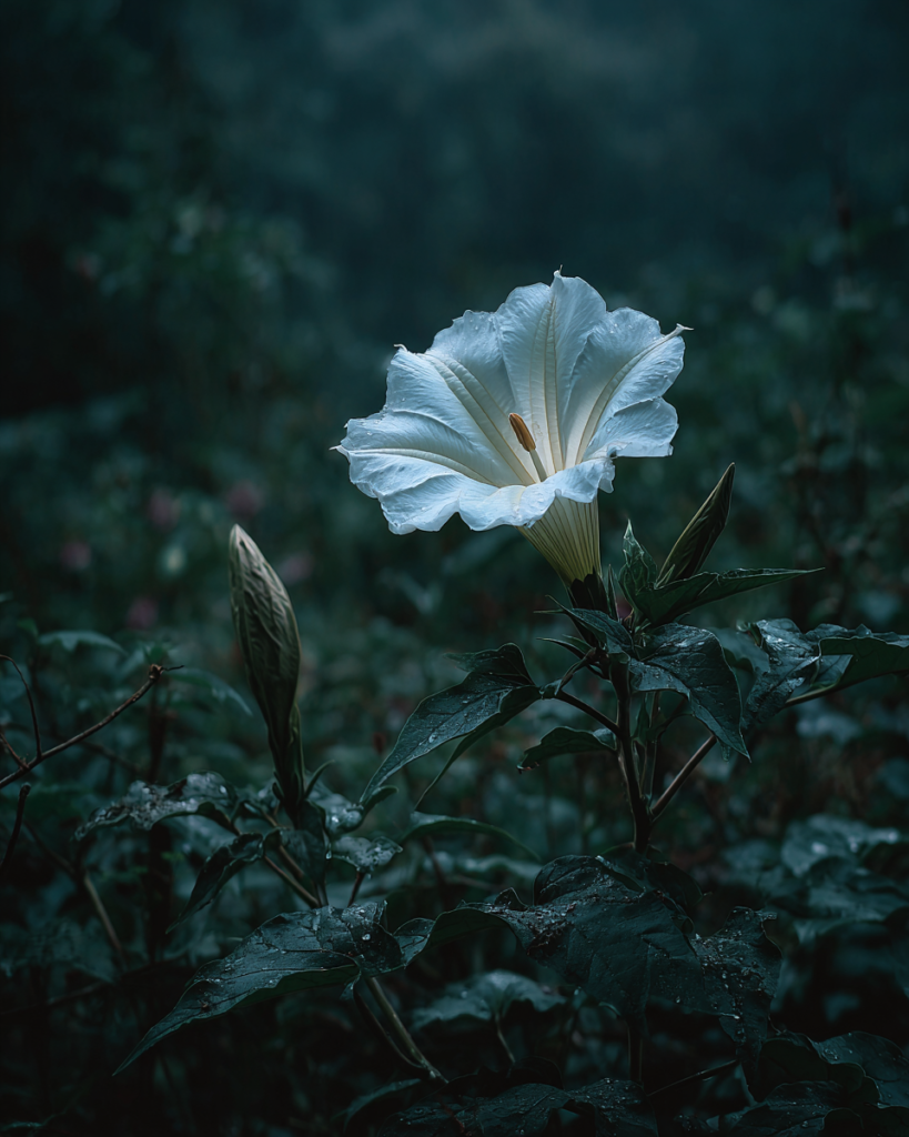 Large Datura stramonium white trumpet flower open at dusk glowing against deep shadow with a spiny green seed pod beside it