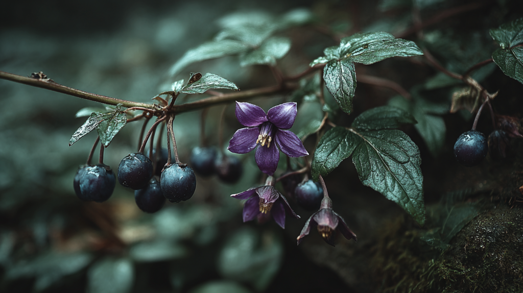Dark purple bell-shaped flowers covered in raindrops hanging from dark stems over a mossy stone in a moody forest, dark botanical nature photography