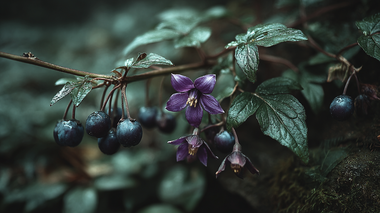 Dark purple bell-shaped flowers covered in raindrops hanging from dark stems over a mossy stone in a moody forest, dark botanical nature photography