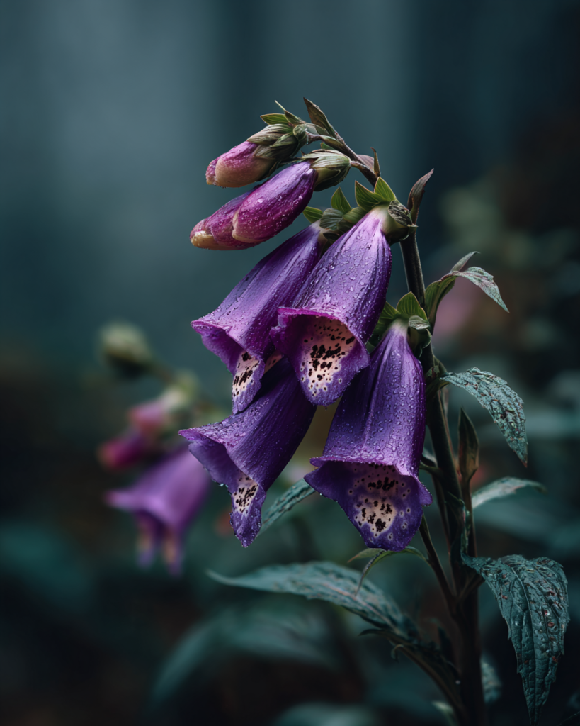 Deep purple-magenta Digitalis purpurea foxglove tubular bell flowers with spotted white interiors on a tall spike, a bumblebee entering one flower