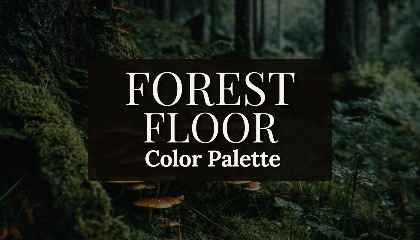 A dark forest floor with a moss-covered tree trunk, small brown mushrooms growing from the ground, dense ferns and low undergrowth with tall dark conifers receding into shadow