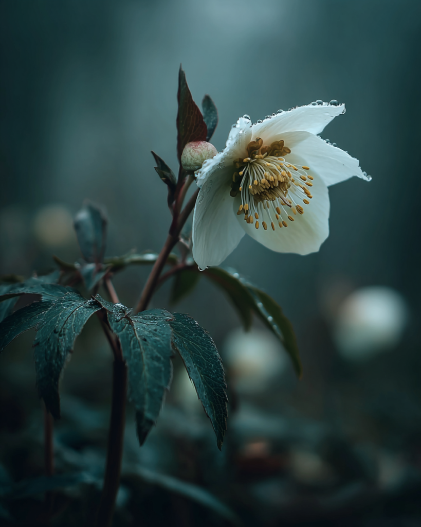 Single Helleborus niger Christmas rose flower nodding on a stout stem, large white cup-shaped bloom with pale yellow stamens and frost on the dark divided leaves