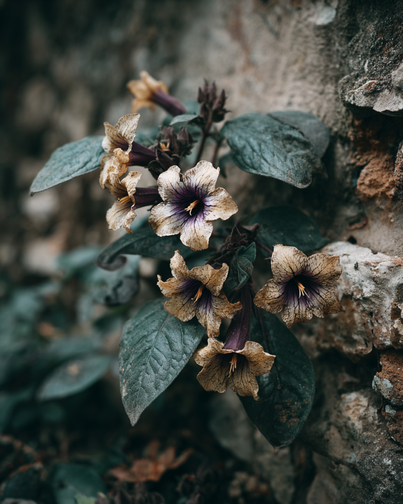 Hyoscyamus niger henbane flowers, pale cream funnel-shaped blooms densely veined in dark purple-violet with sticky grey-green leaves against crumbling stone