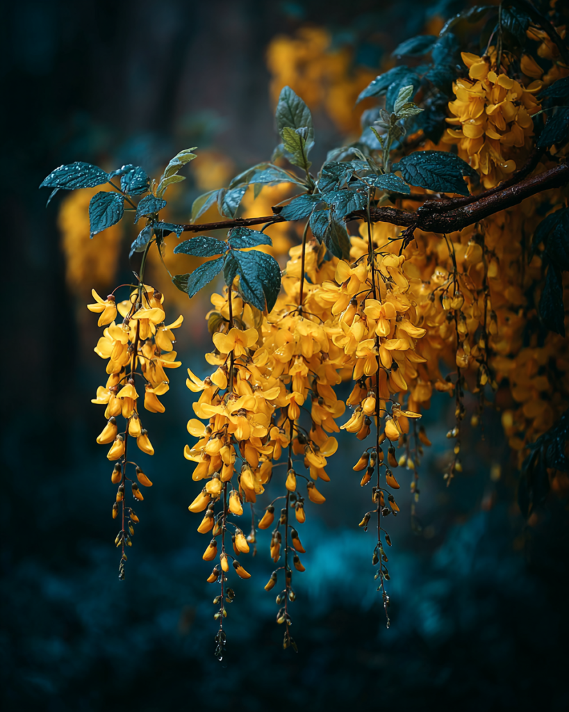 Cascading racemes of Laburnum anagyroides yellow pea-shaped flowers hanging in dense pendulous clusters from dark branches against deep shadow