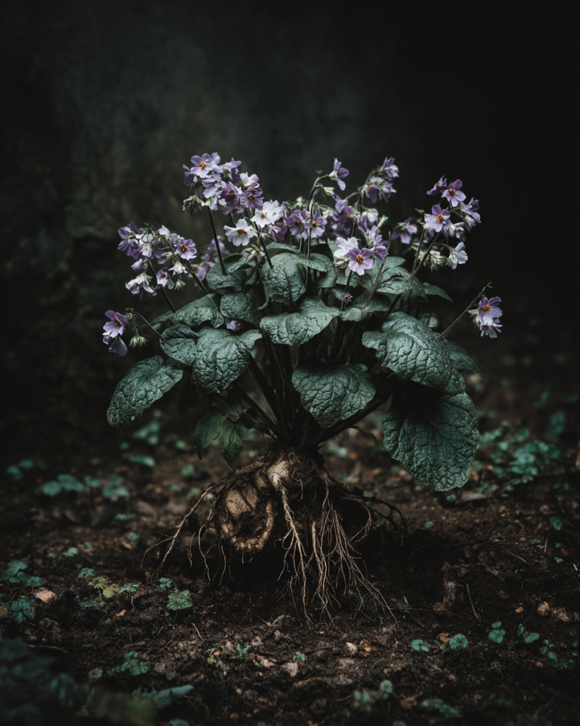 Mandragora officinarum mandrake plant with a flat dark green leaf rosette, pale violet flowers, and a large forked root partially visible in dark soil in candlelight