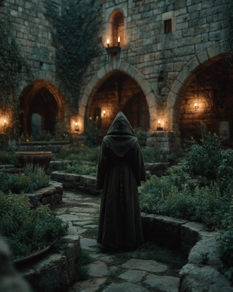 Medieval monastery garden at dusk with stone arched walls enclosing raised beds of poisonous plants including foxglove and henbane, a hooded figure tending them in candlelight