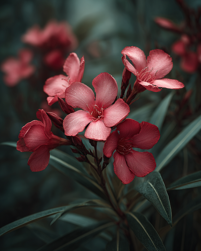Cluster of Nerium oleander deep rose-pink five-petalled flowers with a twisted centre and long narrow dark green leaves