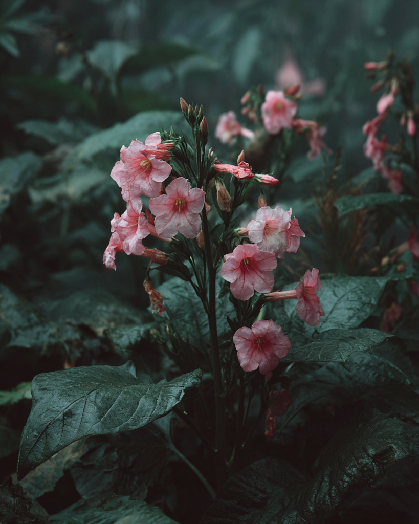 Nicotiana tabacum tobacco plant with large broad leaves and clusters of pale pink trumpet-shaped flowers on tall sticky stems in late afternoon shadow