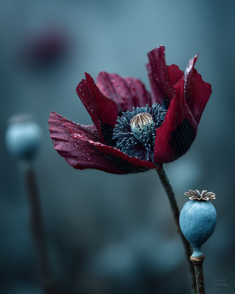 Deep burgundy Papaver somniferum opium poppy with large papery petals, dark blotch at the base, silver-blue bloom on the stem, and an architectural grey-green seed pod beside it