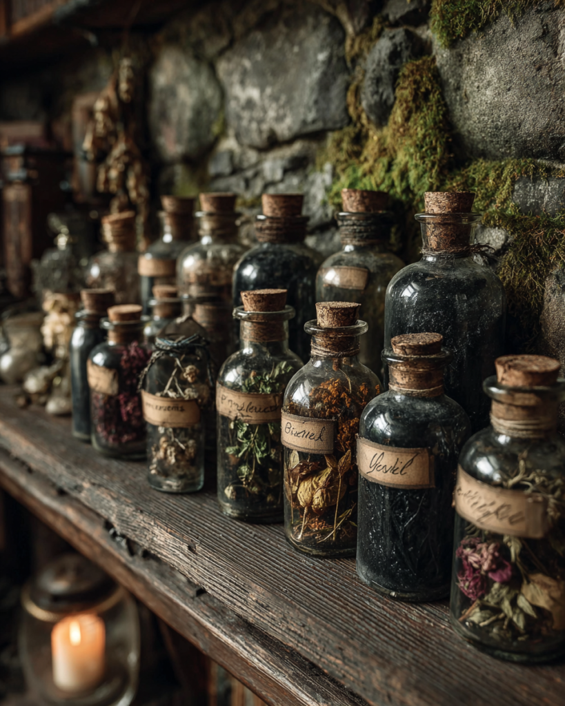Dark apothecary shelf with glass bottles and dried poisonous botanical specimens including foxglove and belladonna in candlelight