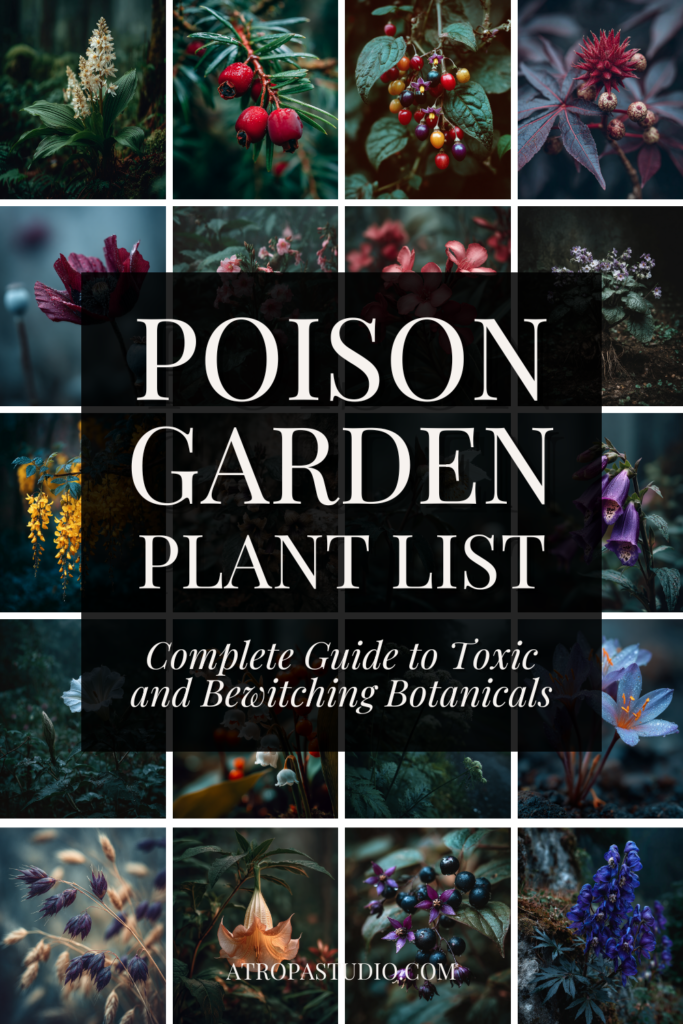 Poison garden plant list Pinterest pin showing a grid of twelve toxic botanical photographs including foxglove, yew, castor bean, belladonna, laburnum, autumn crocus, brugmansia, and monkshood on a deep dark background