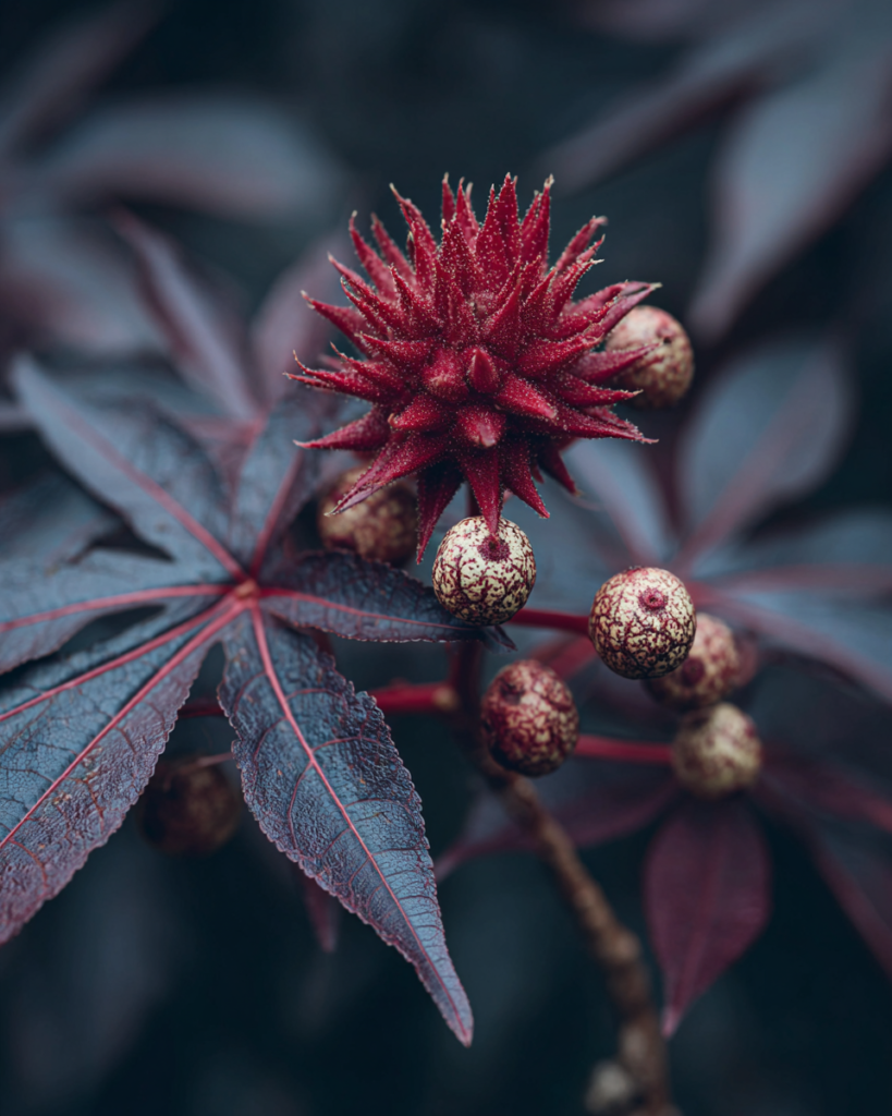 Ricinus communis castor bean deeply lobed star-shaped leaves in deep burgundy-red with a spiny red seed capsule splitting open to reveal mottled seeds on a dark background
