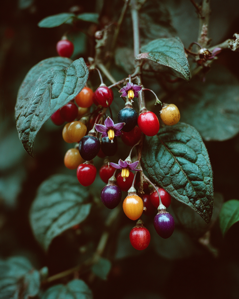 Solanum dulcamara bittersweet nightshade berries ripening from green to yellow to bright red on the same stem with small purple star-shaped flowers with yellow stamens nearby