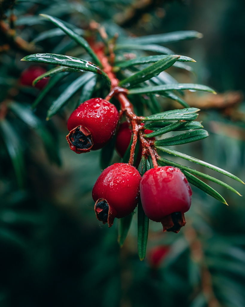 Taxus baccata yew branches with dense dark evergreen needles in two rows and bright translucent red arils cupping single dark seeds against deep shadow