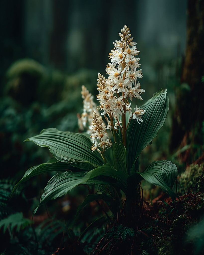 Veratrum album white hellebore with broad deeply ribbed pleated leaves fanning from the base and a dense upright spike of small cream-white flowers against a dark forest floor
