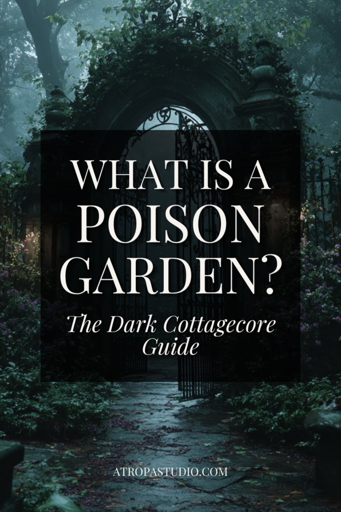 Overgrown wrought iron gate leading into a misty dark poison garden at dusk, stone path disappearing into deep shadow, dense botanical growth on all sides