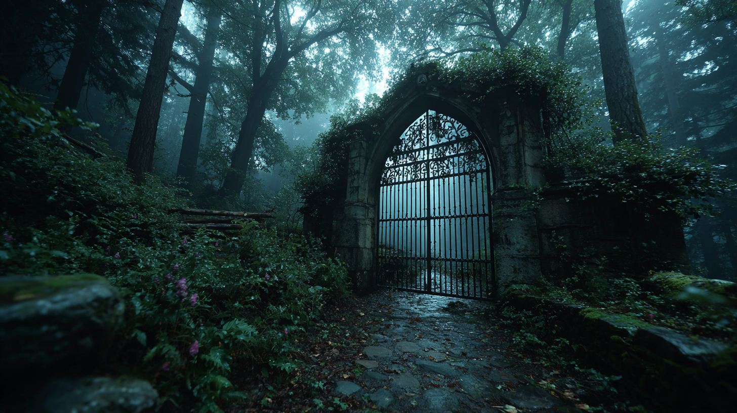 Overgrown iron gate leading into a dark poison garden with belladonna and foxglove pressing through the bars and fog beyond in moonlight