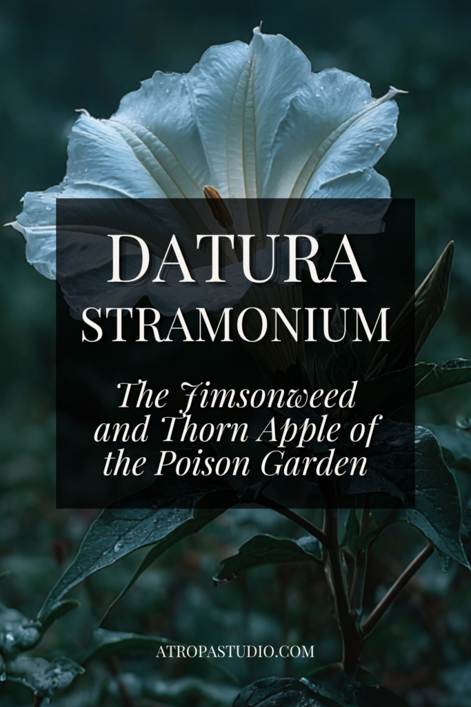 Datura flower with curling petal tips photographed from below against a misty dark background