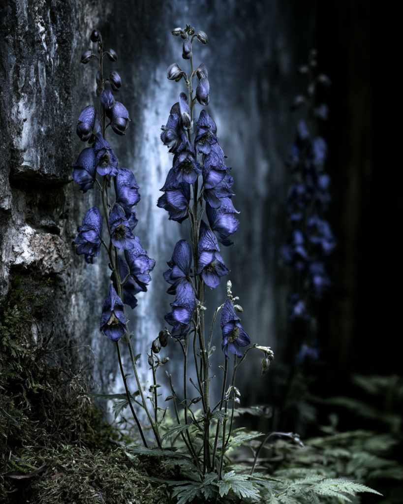 Aconitum napellus monkshood spikes growing against weathered stone with a shaft of pale light in deep shadow