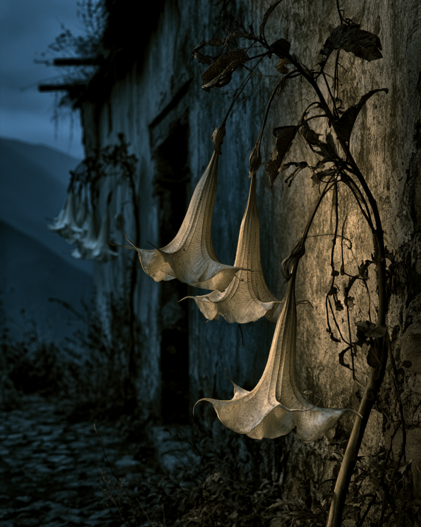 Brugmansia angel's trumpet flowers hanging along a weathered stone building with Andean mountains in the distance at dusk