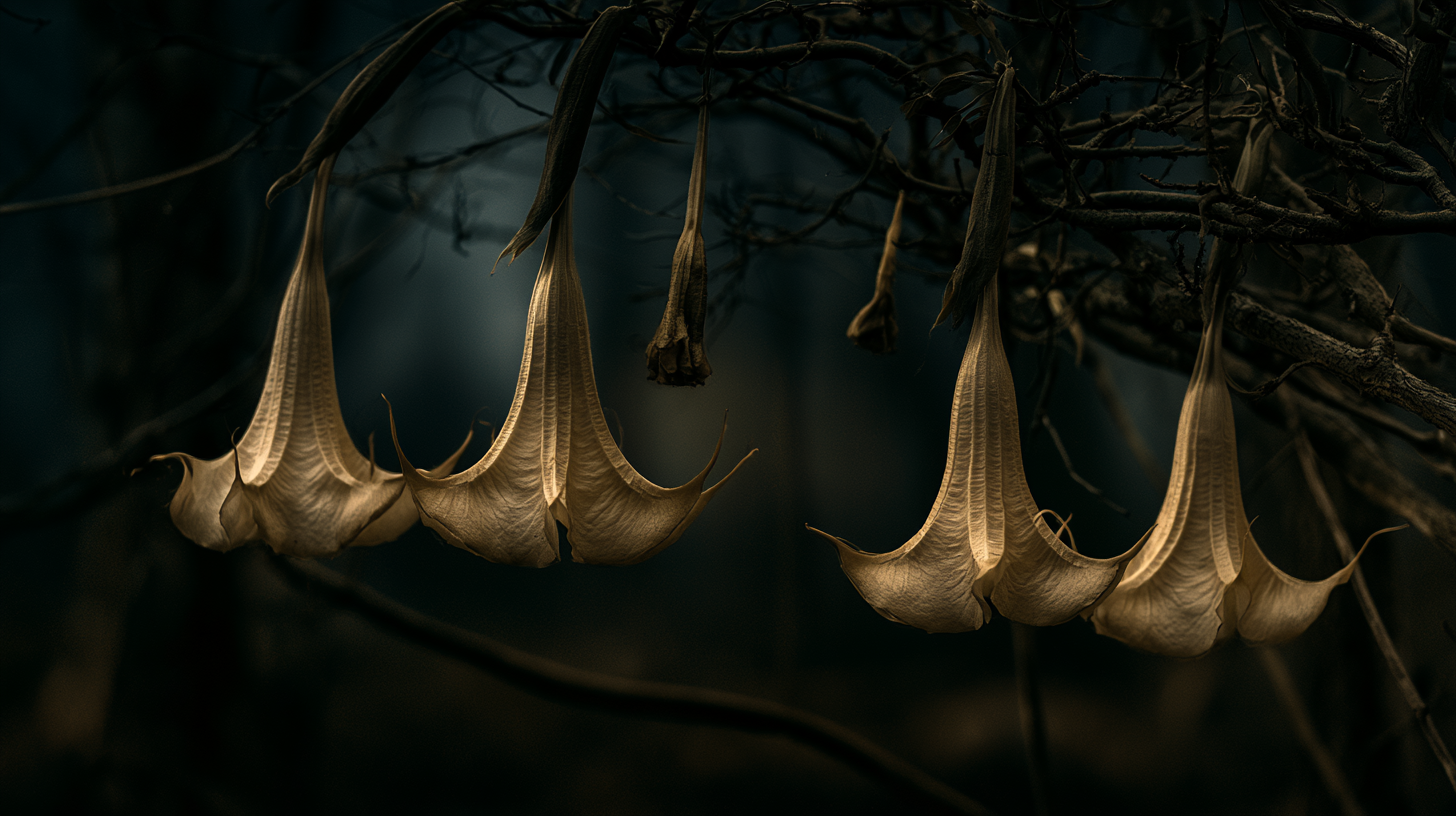 Brugmansia angel's trumpet flowers hanging in pale gold clusters from dark branches at dusk