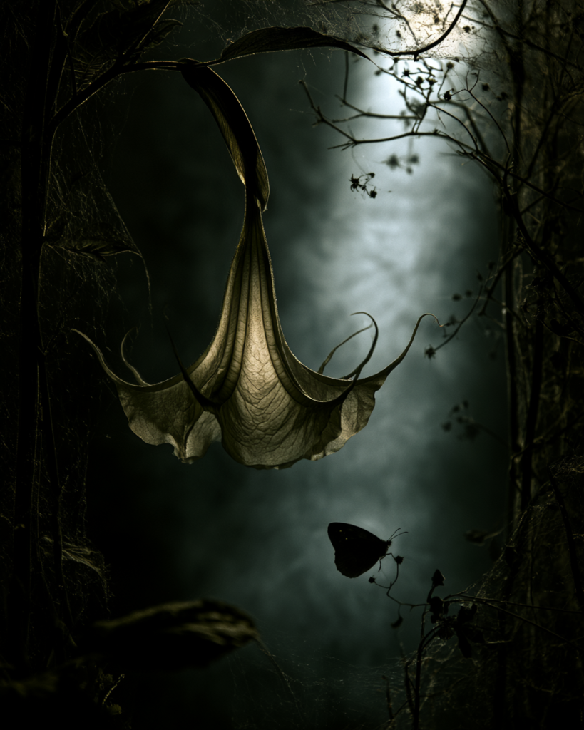 A single Brugmansia flower illuminated by moonlight with a moth silhouette approaching in the darkness
