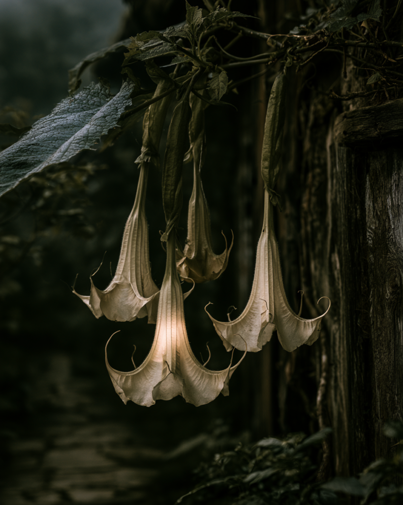 Brugmansia angel's trumpet flowers hanging beside a wooden fence along a stone garden path at dusk