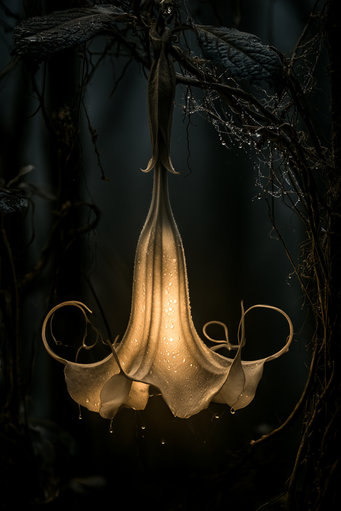 A single dew covered Brugmansia flower glowing softly against a dark background
