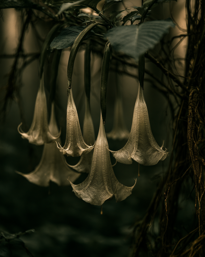 Close up of Brugmansia trumpet shaped flowers hanging in a dense cluster among dark leaves