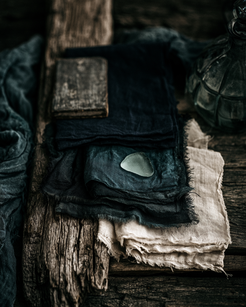 Coastal gothic bedroom color palette of navy, driftwood grey, and bone white