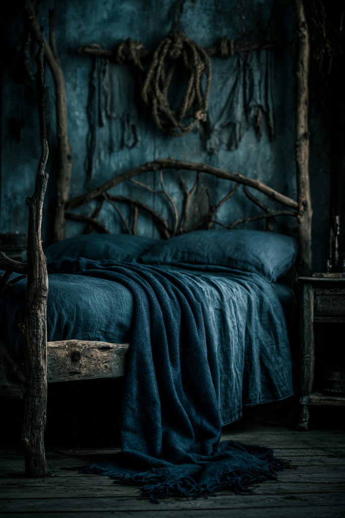 Driftwood bed frame styled with weathered linens in a coastal gothic bedroom